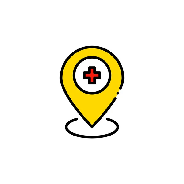 Térképes mutató kereszt jellel. Orvosi segítség és kórházi helyszín. Pixel tökéletes, szerkeszthető stroke színes ikon — Stock Vector