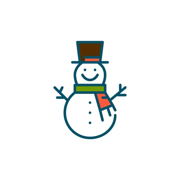 Feliz muñeco de nieve sonriente usando un sombrero y una bufanda. Pixel perfecto, icono de vector colorido carrera editable — Vector de stock