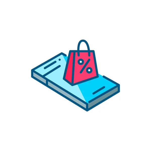 Online shopping sale event. Shopping bah with discount symbol on top of isometric smartphone. Pixel perfect, editable stroke colorful icon — Stock Vector