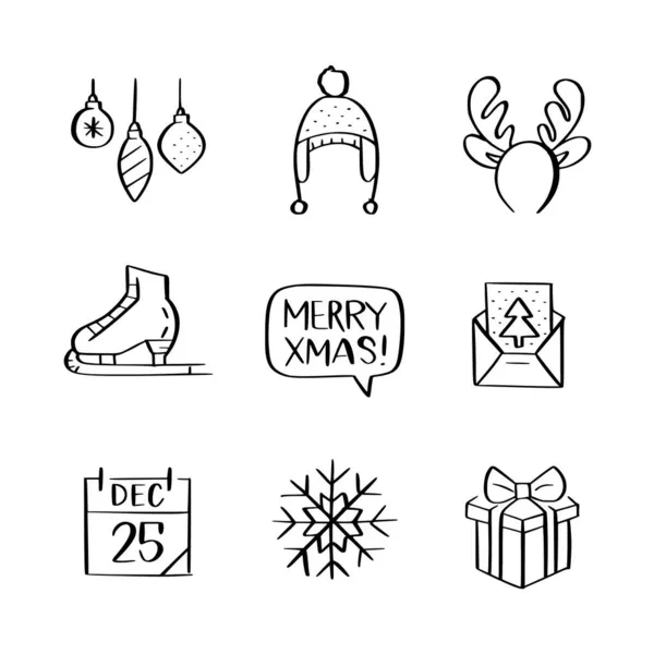 Iconos de arte de línea colorida Navidad. Bolas de abeto, cuernos de reno diadema, calendario, caja de regalo, patines de hielo. Bocetos de Doodle — Vector de stock