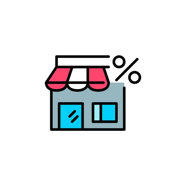 Verkoop icoon. Store front met korting procent symbool. Pixel perfecte, bewerkbare beroerte leuke cartoon kleurrijke pictogram — Stockvector