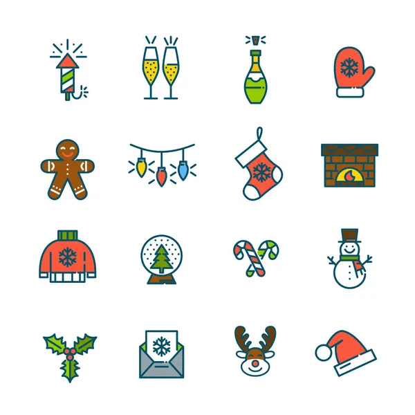 Celebração de Natal e ícones de festa de Ano Novo. Fogos de artifício, meia de lareira, renas e champanhe. Pixel perfeito, vetor colorido de curso editável — Vetor de Stock