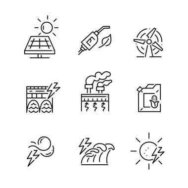 Sürdürülebilir enerji üretimi ve geri dönüşümü. Alternatif güç kaynakları. Güneş, rüzgar, hidrotermal, mısır yakıtı. Piksel mükemmel, düzenlenebilir vuruş simgeleri
