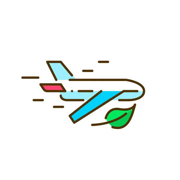 Icono del combustible de aviación sostenible. Avión volando con hojas verdes. Pixel perfecto, editable icono colorido golpe — Archivo Imágenes Vectoriales