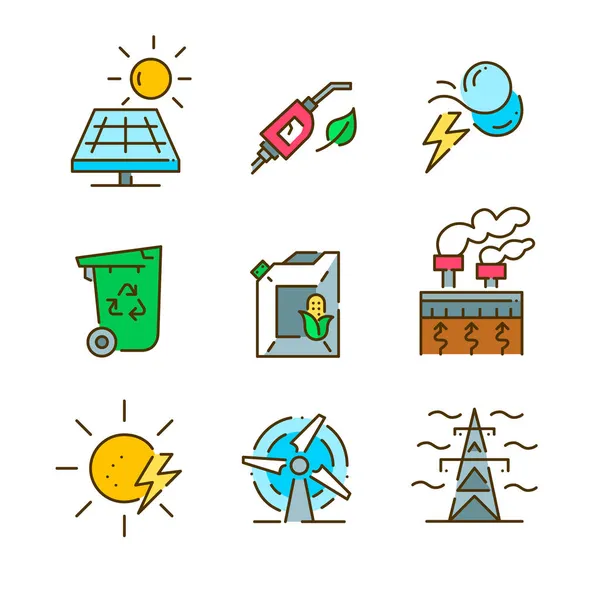 Sustainable energy. Green eco friendly alternative sources. Solar, wind, hydrothermal and other. Pixel perfect, editable stroke — Stock Vector