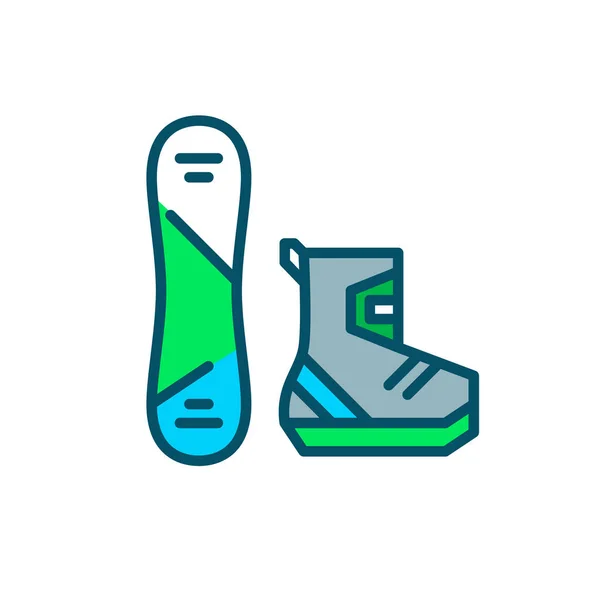 Snowboard y botas. Equipo recreativo de invierno para deportes extremos. Pixel perfecto, editable icono colorido golpe — Archivo Imágenes Vectoriales