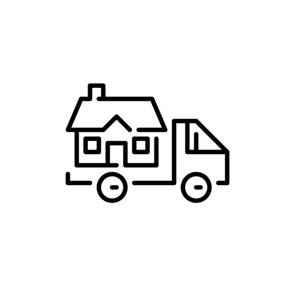 Reubicación y mudanza de casas icono. Camión cargando una casa. Pixel perfecto, icono de carrera editable — Vector de stock