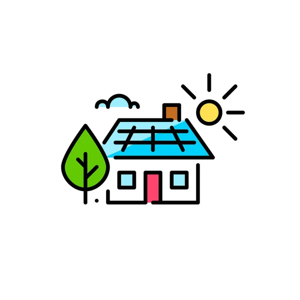 Casa com painéis solares. Fonte de energia alternativa de vida sustentável. Pixel perfeito, ícone colorido curso editável — Vetor de Stock