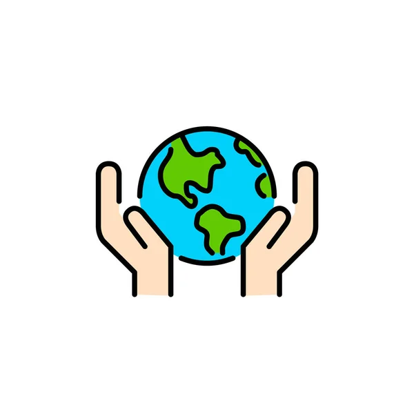 Uratować planetę. Ekologiczna ikona alternatywnego stylu życia. Ziemska kula w rękach. Pixel idealny, edytowalny udar — Wektor stockowy