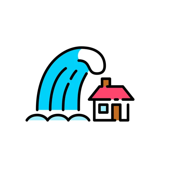 Tsunami zwaai over een klein huis. Natuurramp. Pixel perfecte, bewerkbare beroerte kleurrijke pictogram — Stockvector