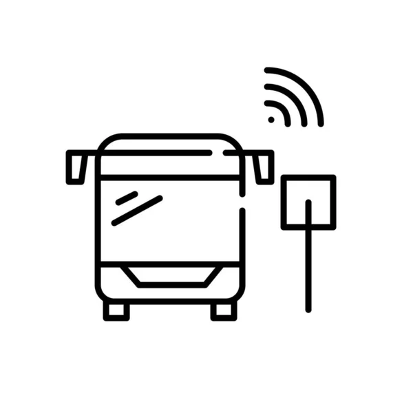 Chytrá veřejná doprava. Autobus s bezdrátovými senzory na autobusové zastávce. Pixel perfektní, upravitelná ikona tahu — Stockový vektor