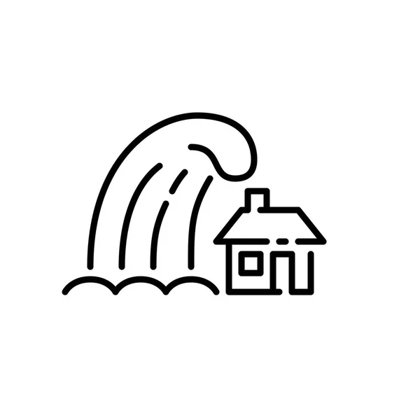 Tsunami-Welle über einem kleinen Haus. Naturkatastrophe. Pixel perfektes, editierbares Strichsymbol — Stockvektor