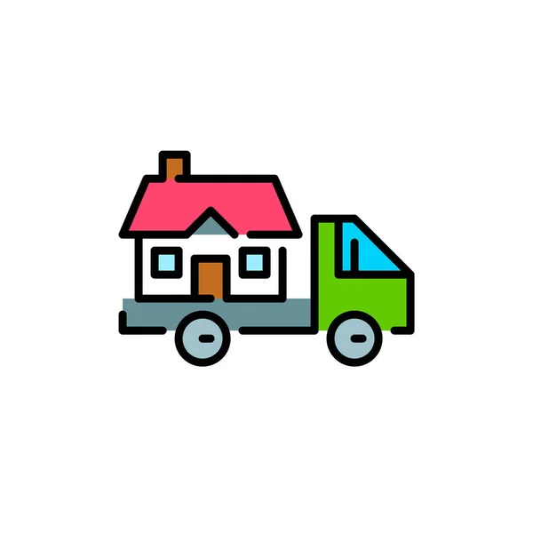 Umzugs- und Umzugsikone. LKW mit einem Haus. Pixel perfekt, editierbarer Strich buntes Symbol — Stockvektor