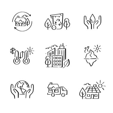 Küresel ısınma etkileri ve önleme. Suyun korunumu, temiz enerji ve geri dönüşüm. Doodle biçim simgeleri