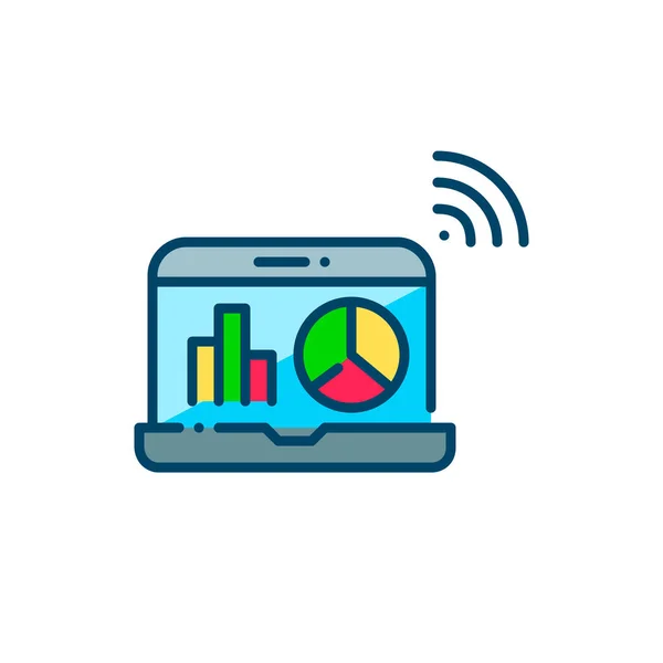 Data analysis on laptop using cloud computing. Computer screen with bars and graphs. Pixel perfect, editable stroke colorful icon — Stock Vector