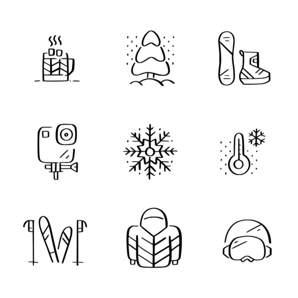 Winter mountain vacations. Skiing and snowboarding, cold temperature and warm clothes. Doodle style icons — Stock Vector