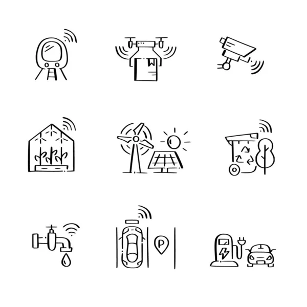 Smart City Icons gesetzt. Videoüberwachung, Drohnenbereitstellung, intelligentes Park- und Verkehrsmanagement, nachhaltige Energiequellen. Doodle-Stil Vektorgrafiken