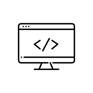 Simge programlanıyor. Bilgisayar ekranındaki bir tarayıcıda web kodlaması. Piksel mükemmel, düzenlenebilir vuruş simgesi