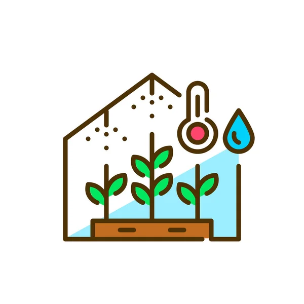 Estufa usando controle de agricultura inteligente de umidade e temperatura. Pixel perfeito, ícone colorido curso editável — Vetor de Stock