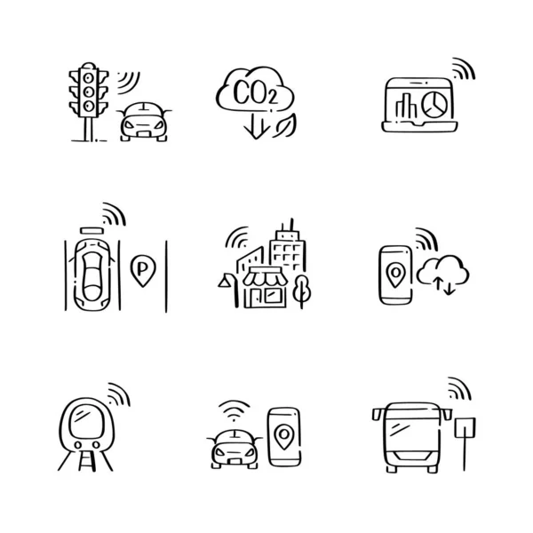 Smart City Icons gesetzt. Videoüberwachung, Drohnenbereitstellung, intelligentes Park- und Verkehrsmanagement, nachhaltige Energiequellen. Doodle-Stil Stockillustration