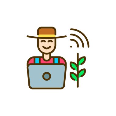 Modern akıllı çiftçi. Bilgisayarda şapka ve tulum giyen bir adam interneti kullanıyor. Piksel mükemmel, düzenlenebilir renkli simge