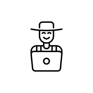 Modern akıllı çiftçi. Bilgisayarda şapka takan ve tulum giyen biri. Piksel mükemmel, düzenlenebilir vuruş simgesi