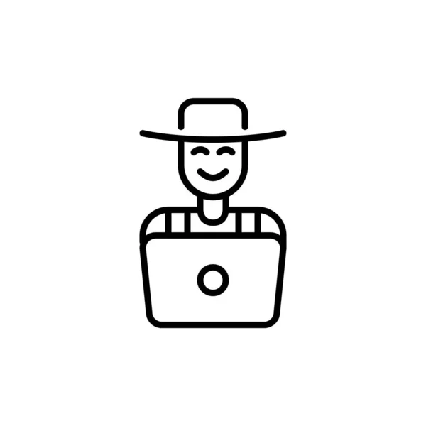 Moderno granjero inteligente. Persona con sombrero y mono en la computadora. Pixel perfecto, icono de carrera editable — Vector de stock