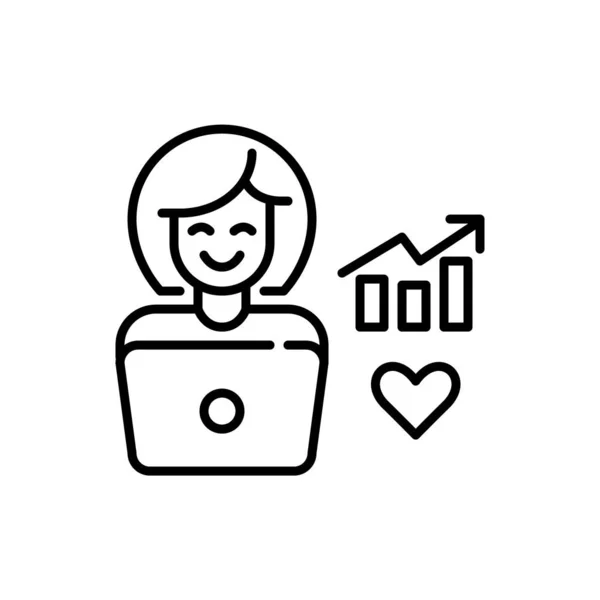 Een vrouw die aan een laptop werkt. SMM content manager of blogger creëren van groeistrategieën. Pixel perfecte, bewerkbare beroerte pictogram — Stockvector