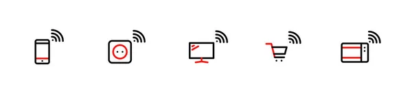 Internet of things. Smart wireless connection devices. Phone, electric outlet, TV, shopping cart and a microwave oven. Pixel perfect, editable stroke — Vettoriale Stock