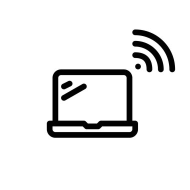 Kablosuz bağlantısı olan bir laptop. Asgari çizgi resim pikseli mükemmel, düzenlenebilir vuruş simgesi