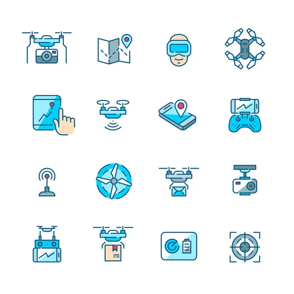 Set of drone related icons. Camera mounts, controller, front view and top view. Pixel perfect, editable stroke colorful icons — 图库矢量图片