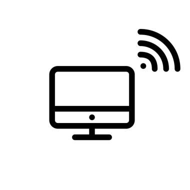 Computer with wifi. Minimal line art pixel perfect, editable stroke icon