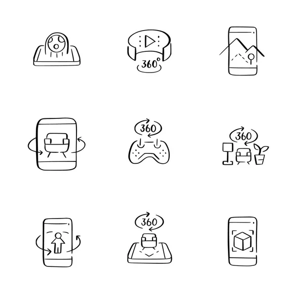 Augmented reality icons set. Uses in mobile phone and tablet for gaming, shopping and navigation. Hand-drawn sketch icons — Stock vektor