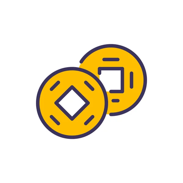 Ancient Chinese coins with square holes. Symbol of wealth and prosperity. Pixel perfect, editable stroke colored icon — Stock vektor
