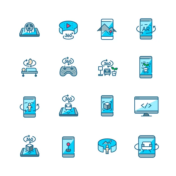 Augmented reality icons set. Uses in mobile phone and tablet for gaming, shopping and navigation. Pixel perfect, editable stroke color icons — ストックベクタ