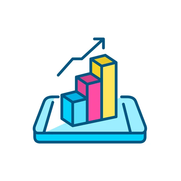 Isometric phone with growing bar chart. Metaphor for success. Pixel perfect, editable stroke color icon — Stock Vector