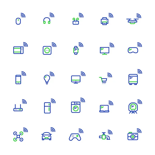 Internet of things. Smart devices with wireless connections. 25 pixel perfect, editable stroke colored minimalistic icons — Stock Vector