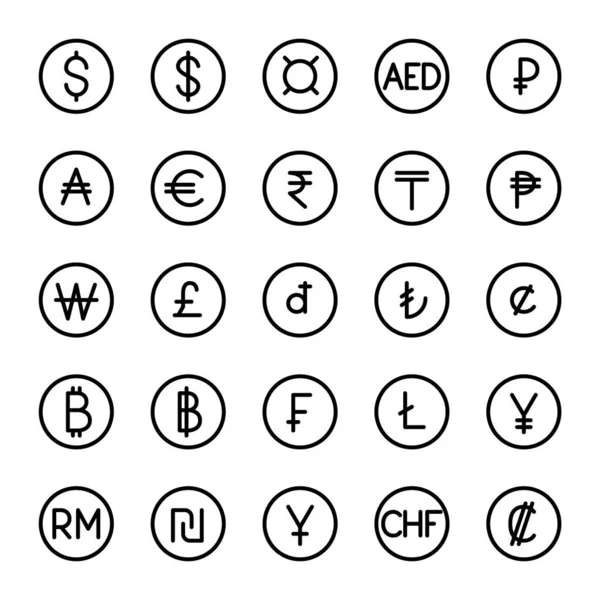 Valuta symbolen ingesteld. 25 belangrijkste munteenheden van de wereld. Pixel perfecte, bewerkbare beroerte pictogrammen — Stockvector