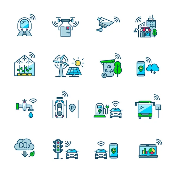 Smart city icons set. CCTV, drone delivery, smart parking and traffic management, sustainable energy sources. Pixel perfect, editable stroke — Stock Vector