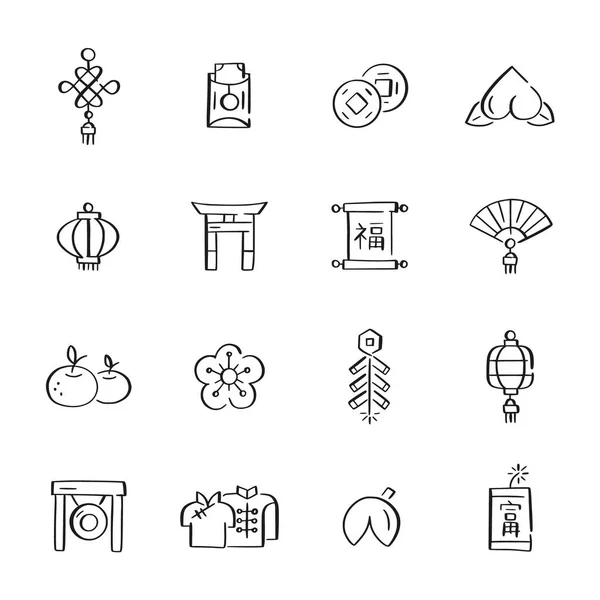 Chinese New Year doodle style icons set. Lunar spring celebrations symbols. Lanterns, cherry blossom, peach, greetings and wishes. — Stock Vector