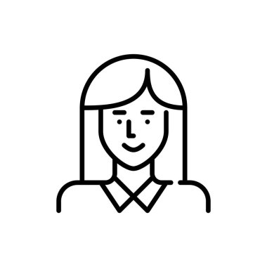 Uzun saçlı, tişörtlü tatlı öğrenci kız. Profil resim simgesi. Piksel mükemmel, düzenlenebilir vuruş