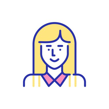 Uzun sarı saçlı, tişörtlü tatlı öğrenci kız. Profil resim simgesi. Piksel mükemmel, düzenlenebilir vuruş, renkli