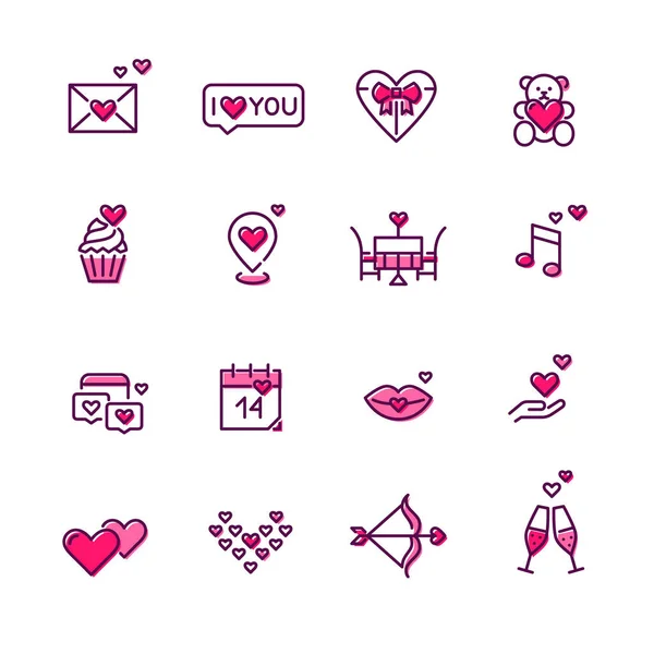 Día de San Valentín 14 de febrero fecha romántica iconos conjunto. Pixel perfecto, iconos editables de color del trazo — Vector de stock
