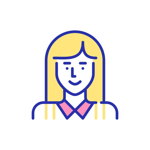 Linda estudiante con el pelo largo y rubio en una camisa. Icono de imagen de perfil. Pixel perfecto, golpe editable, de color — Vector de stock