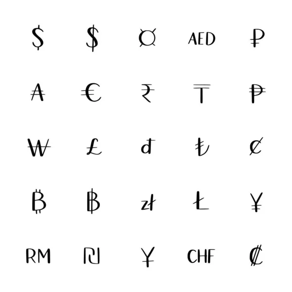 Набор валютных символов. 25 основных мировых валют. Иконки каракулей — стоковый вектор