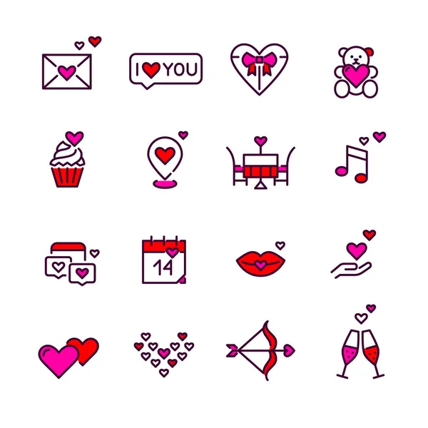 Sevgililer Günü 14 Şubat romantik randevu simgeleri belirlendi. 16 piksel mükemmel, düzenlenebilir vuruş renk simgeleri — Stok Vektör