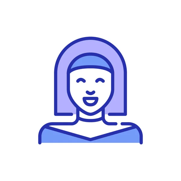 Zeilenkunst-Avatar-Symbol. Nettes lächelndes Mädchen mit Stirnband und lila Bob-Frisur. Pixel perfekt, editierbarer Strich — Stockvektor