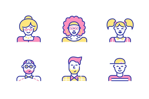 Lindo conjunto de iconos de avatares divertidos. Mujer anciana y hombre, chico y chica, joven hipster y una chica con el pelo rizado. Pixel perfecto, iconos de carrera editables — Vector de stock