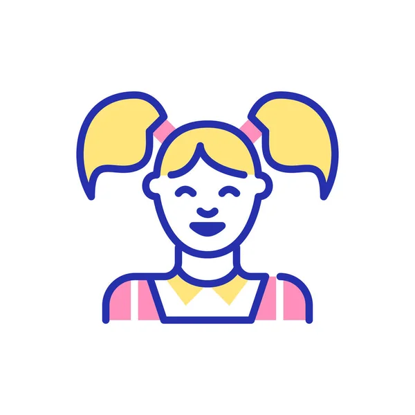 Meisje met paardenstaarten. Een jonge student avatar. Pixel perfecte, bewerkbare beroerte leuk gekleurd pictogram — Stockvector