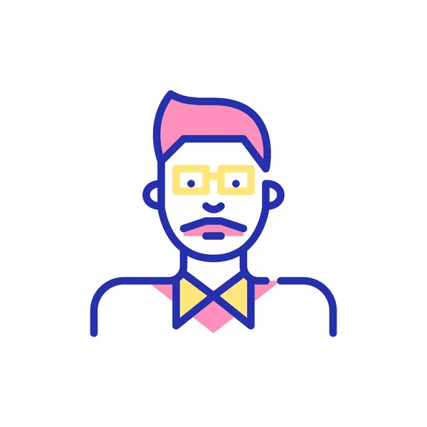 Indier med mustasch, glasögon och skjorta. Ung professionell eller student profil avatar ikon. Pixel perfekt, redigerbar stroke, rolig färg — Stock vektor